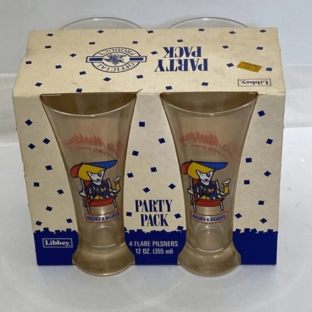 Libbey‎ Multicolor 1987 Budweiser Party Pack Spuds McKenzie 4 Pilsner Glasses